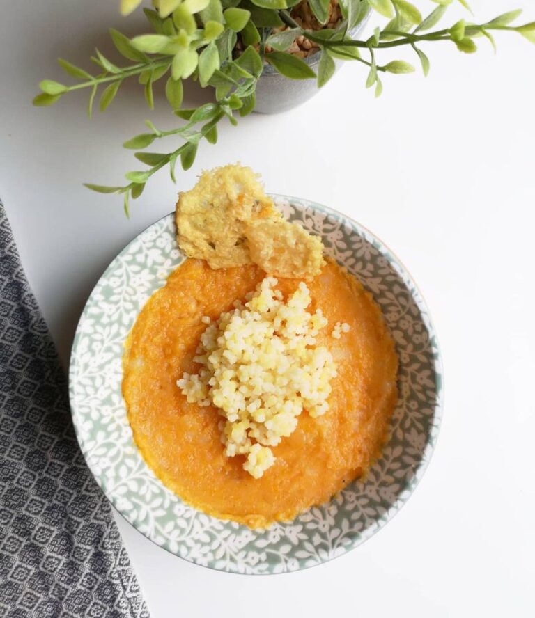 Purée de butternut au poulet et sa tuile au parmesan