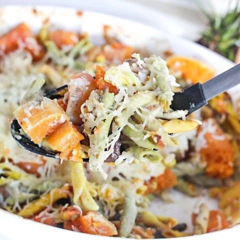 Gratin de pâtes courge champignons et châtaignes