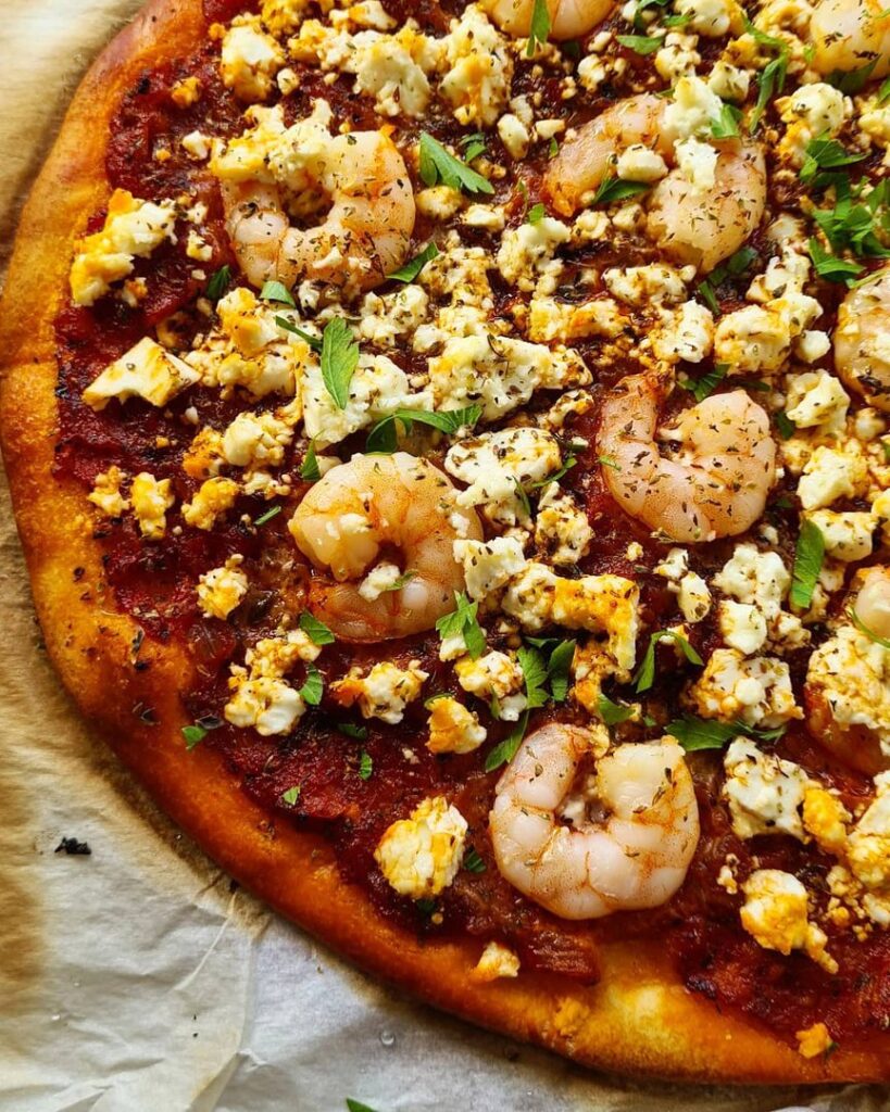 Pizza saganaki de crevettes