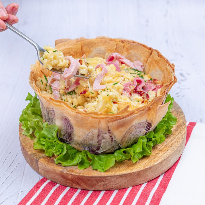 Macarrão queijudo com presunto